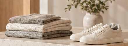 Knitwear and footwear arranged in a retail store